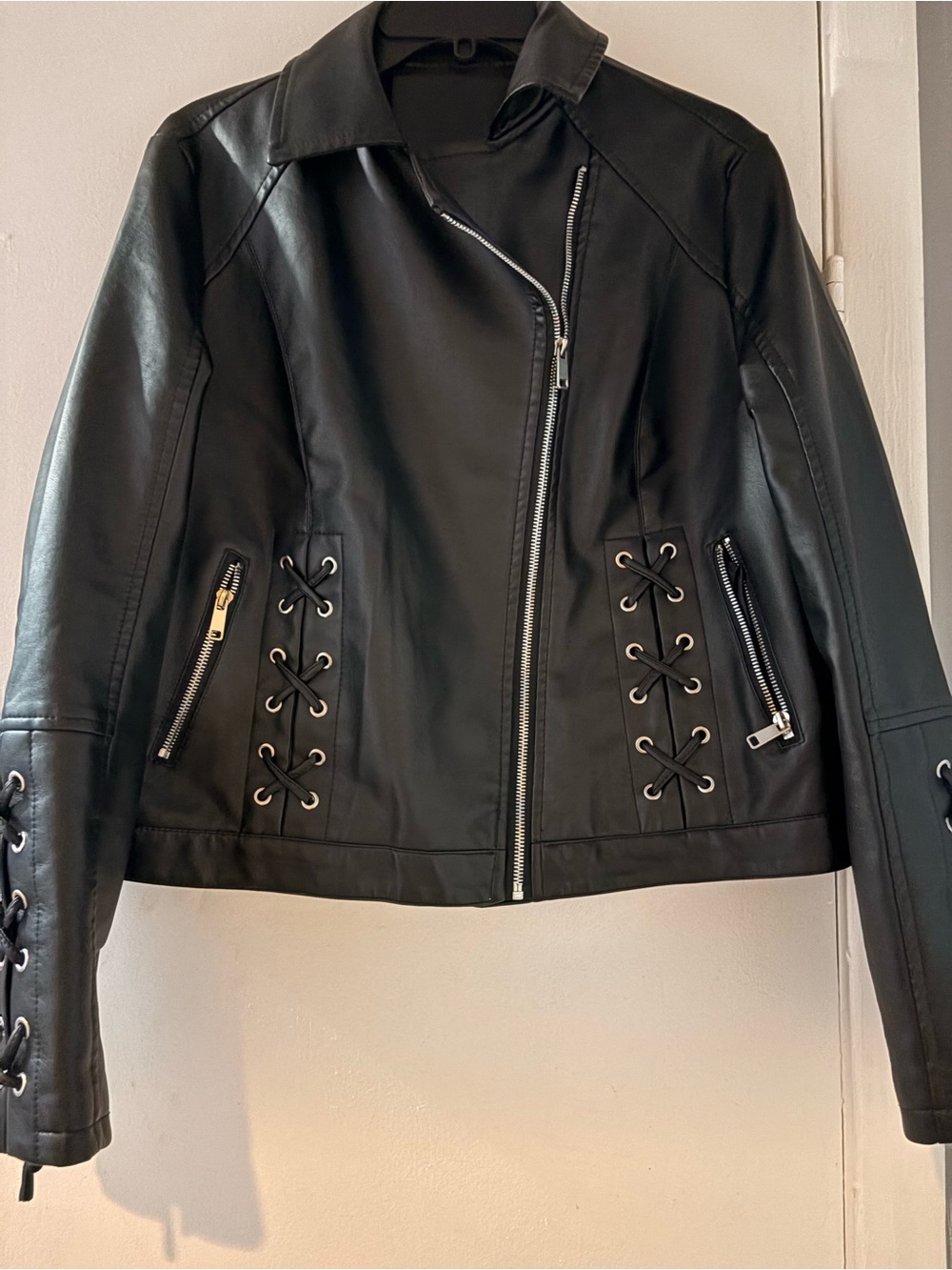Black Lace-Up Moto Jacket - Women